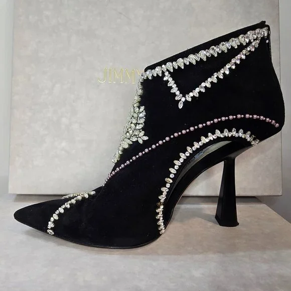 JIMMY CHOO Kendrix 100 - Suede Booties with Embroidery Black/White - Picture 6 of 15
